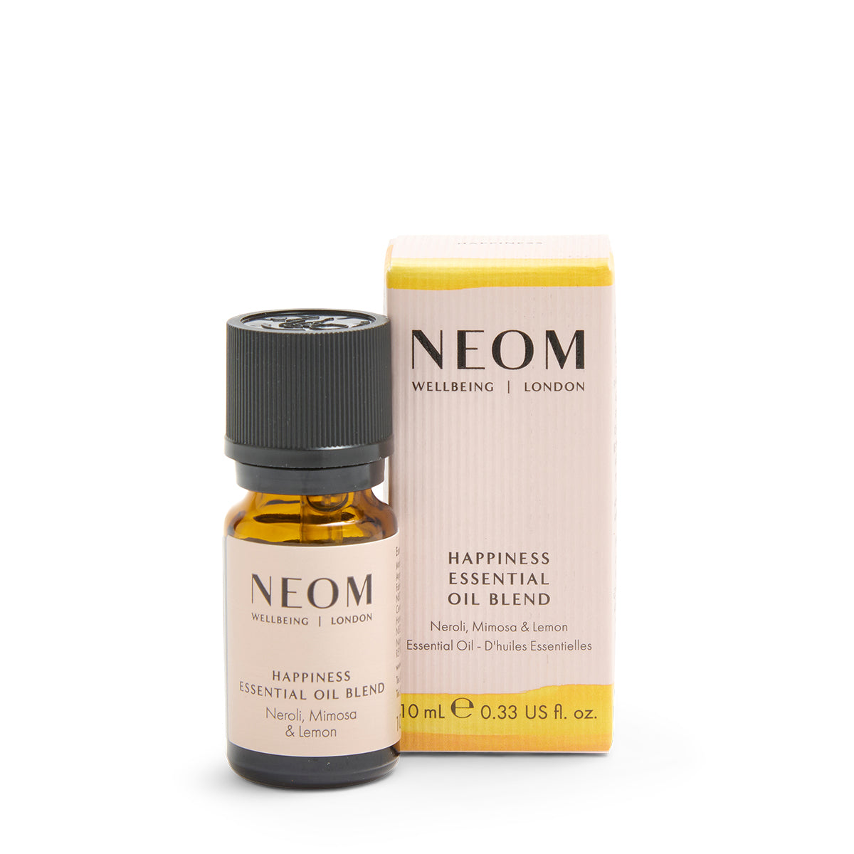 NEOM Happiness Essential Oil Blend bottle and packaging on a white background