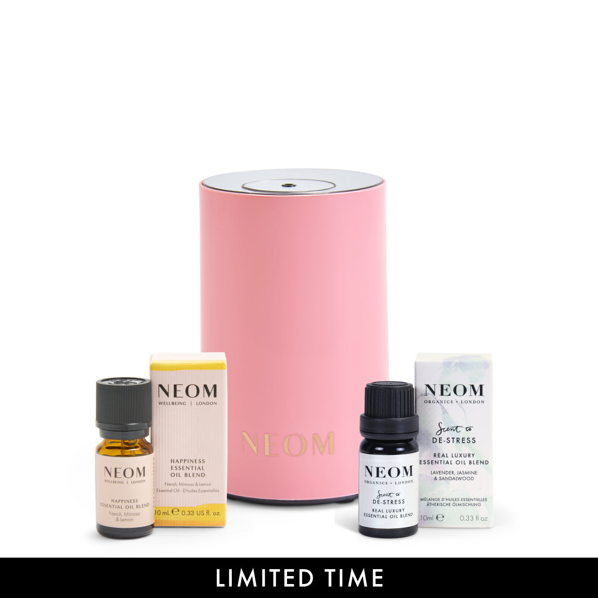 NEOM set including a pink pod mini diffuser and essential oil blend bottles on a white background.