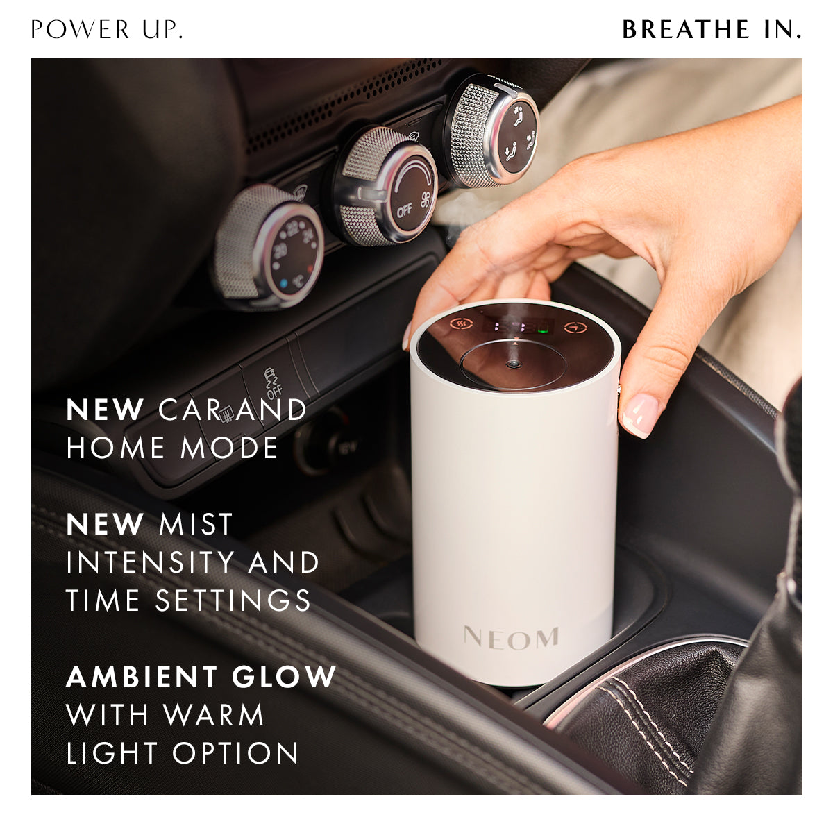 NEOM pod mini+ 'NEW CAR AND HOME MODE. NEW MIST INTENSITY AND TIME SETTINGS. AMBIENT GLOW WITH WARM LIGHT OPTION'