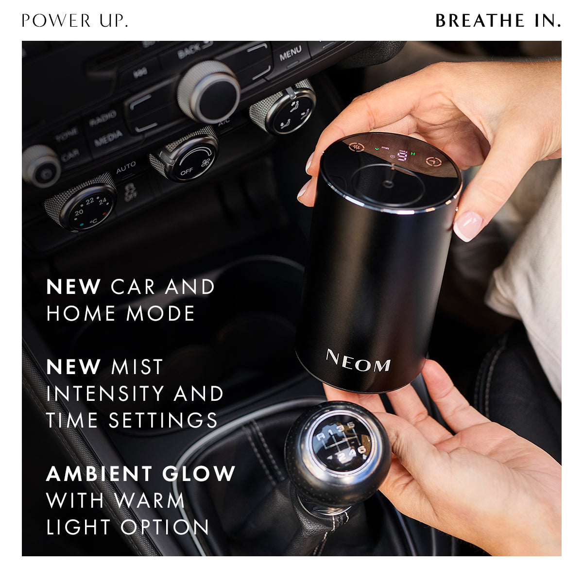 Neom diffuser being held by a person with text about features on a car dashboard background