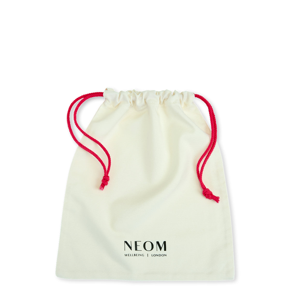 White drawstring bag with red strings and 'NEOM' branding on a white background