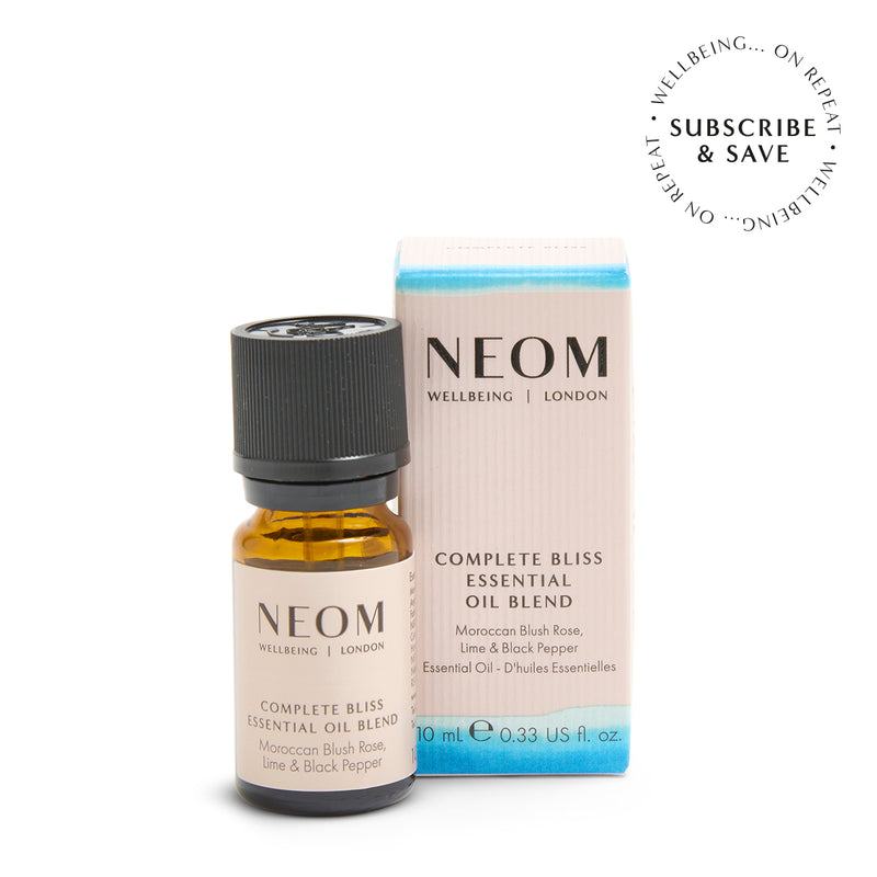 NEOM Complete Bliss Essential Oil Blend bottle and packaging on a white background