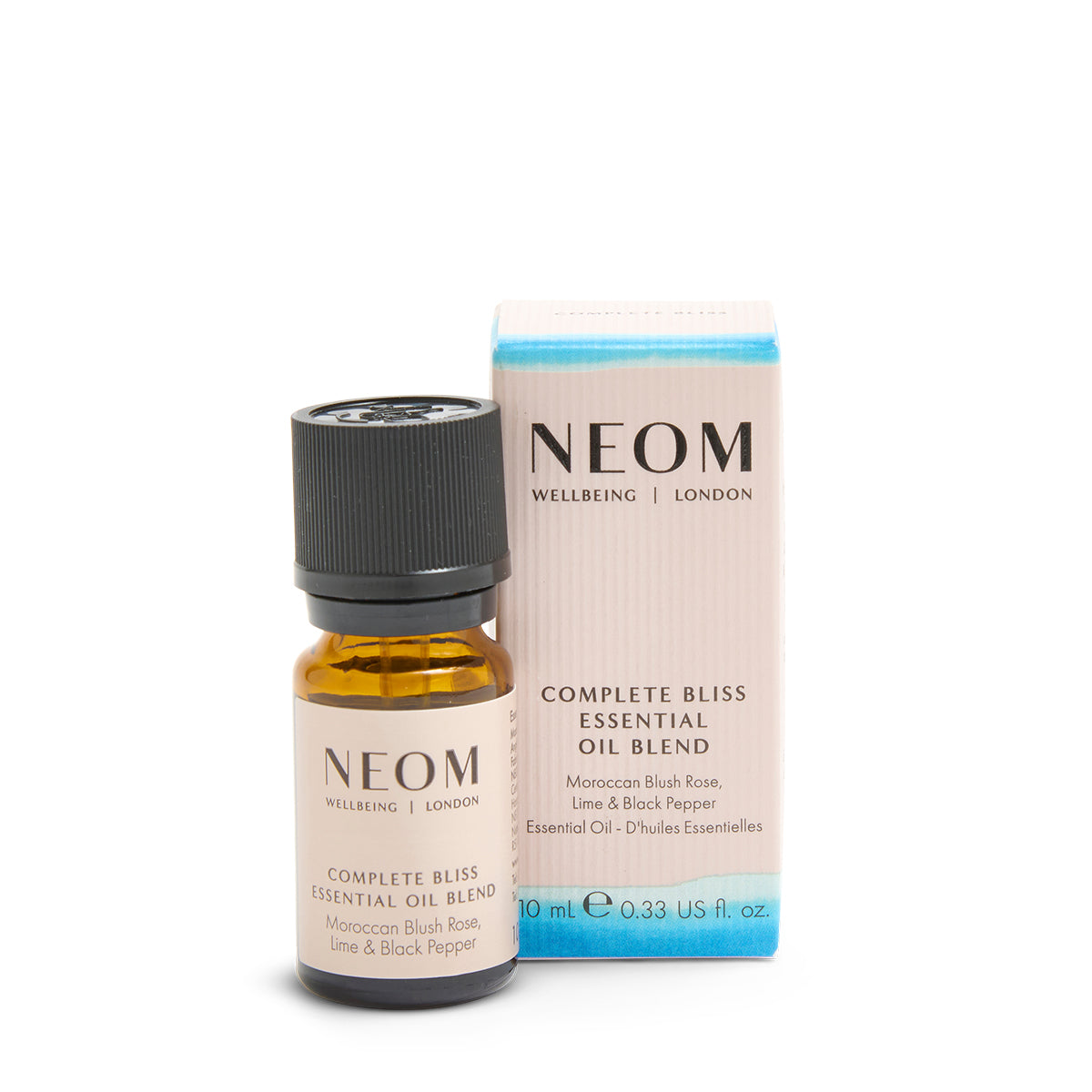 NEOM Complete Bliss Essential Oil Blend bottle and packaging on a white background