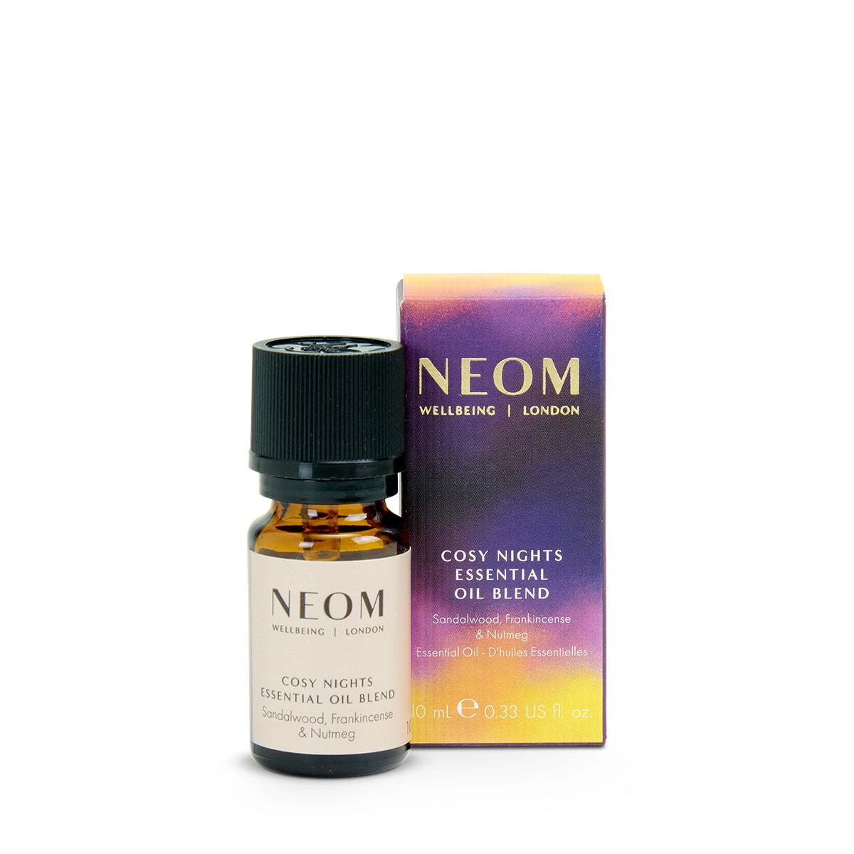 Neom Cosy Nights essential oil blend with packaging on a white background