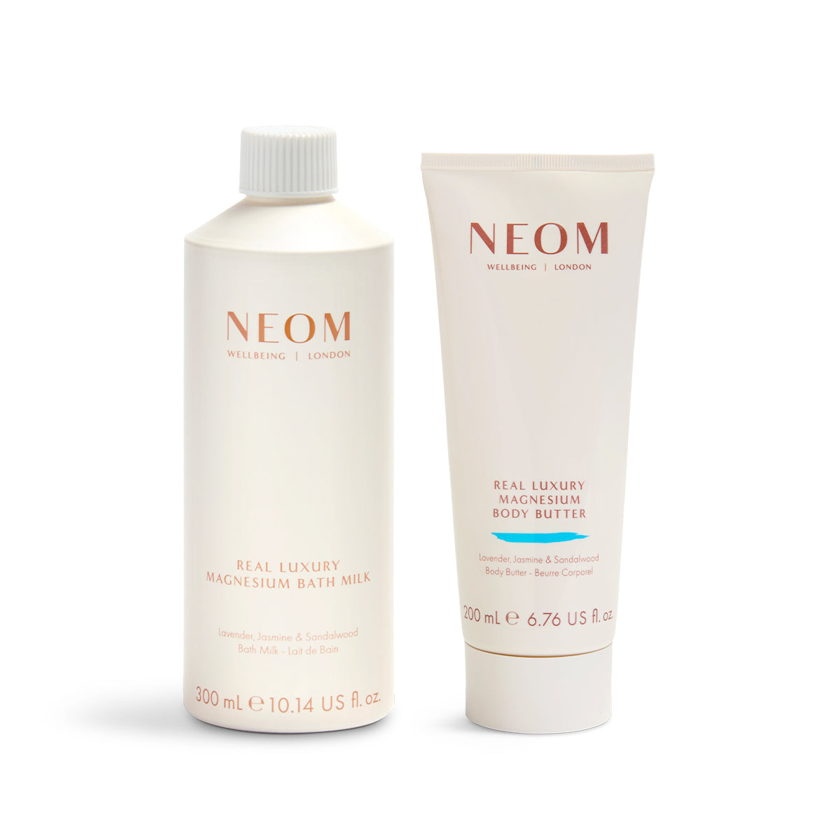 NEOM bath milk and body butter on a white background