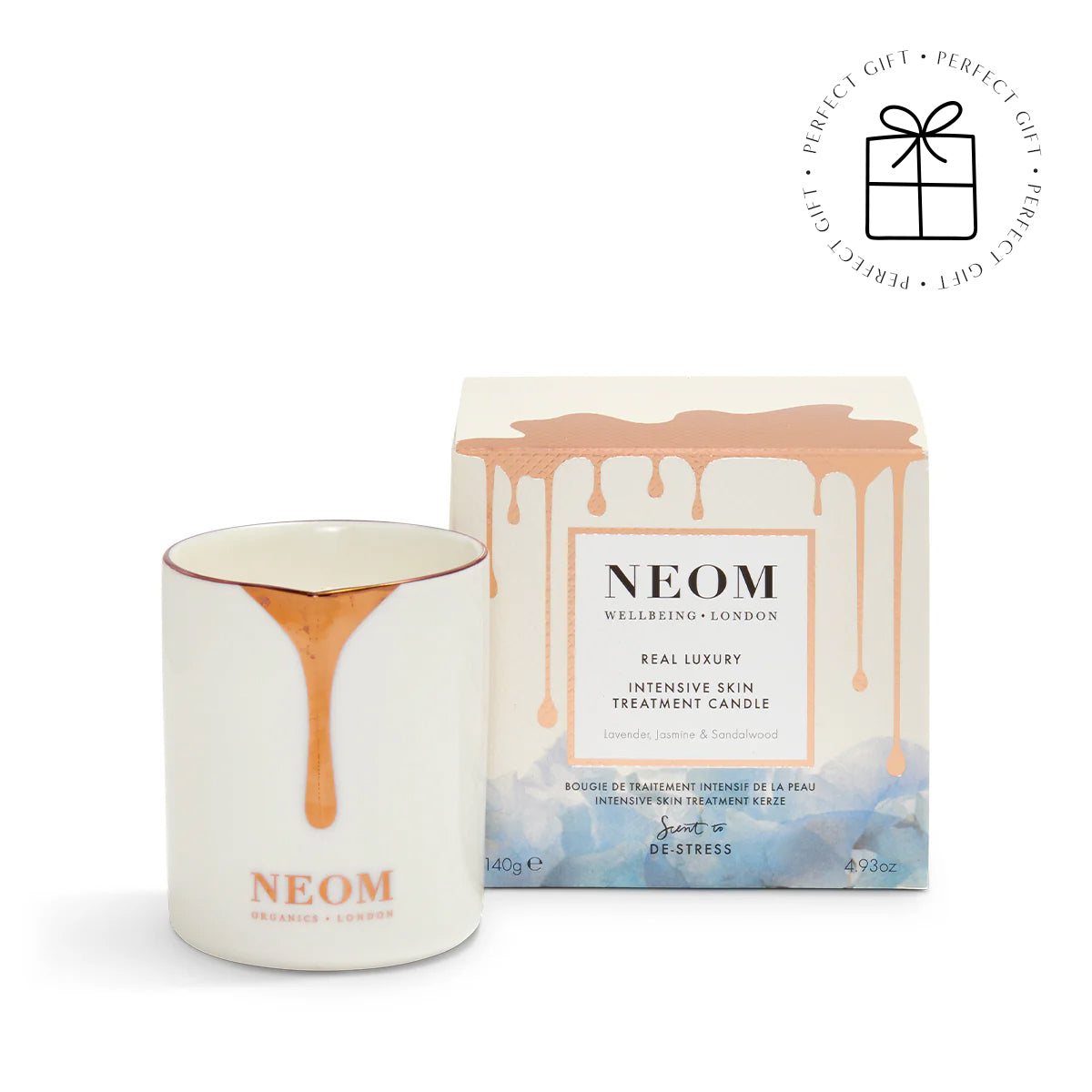 NEOM candle and packaging on a white background
