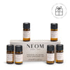 NEOM essential oil blend scent discovery set with six small bottles on a white background