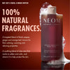 “NEOM Feeling Grounded Body Wash on a red background with foam. Text reads: ‘Not just a wash, a mood switch! 100% natural fragrances.’ Additional text: ‘A targeted blend of black pepper, ginger and orange leaf, known for their calming, warming and relaxing properties. A soothing blend of aloe vera that works to soften and calm, and vitamin E to help protect the skin.’”