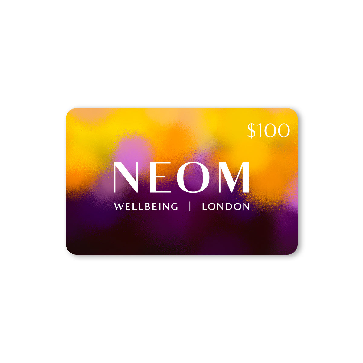 NEOM Wellbeing London gift card with colorful design on a white background