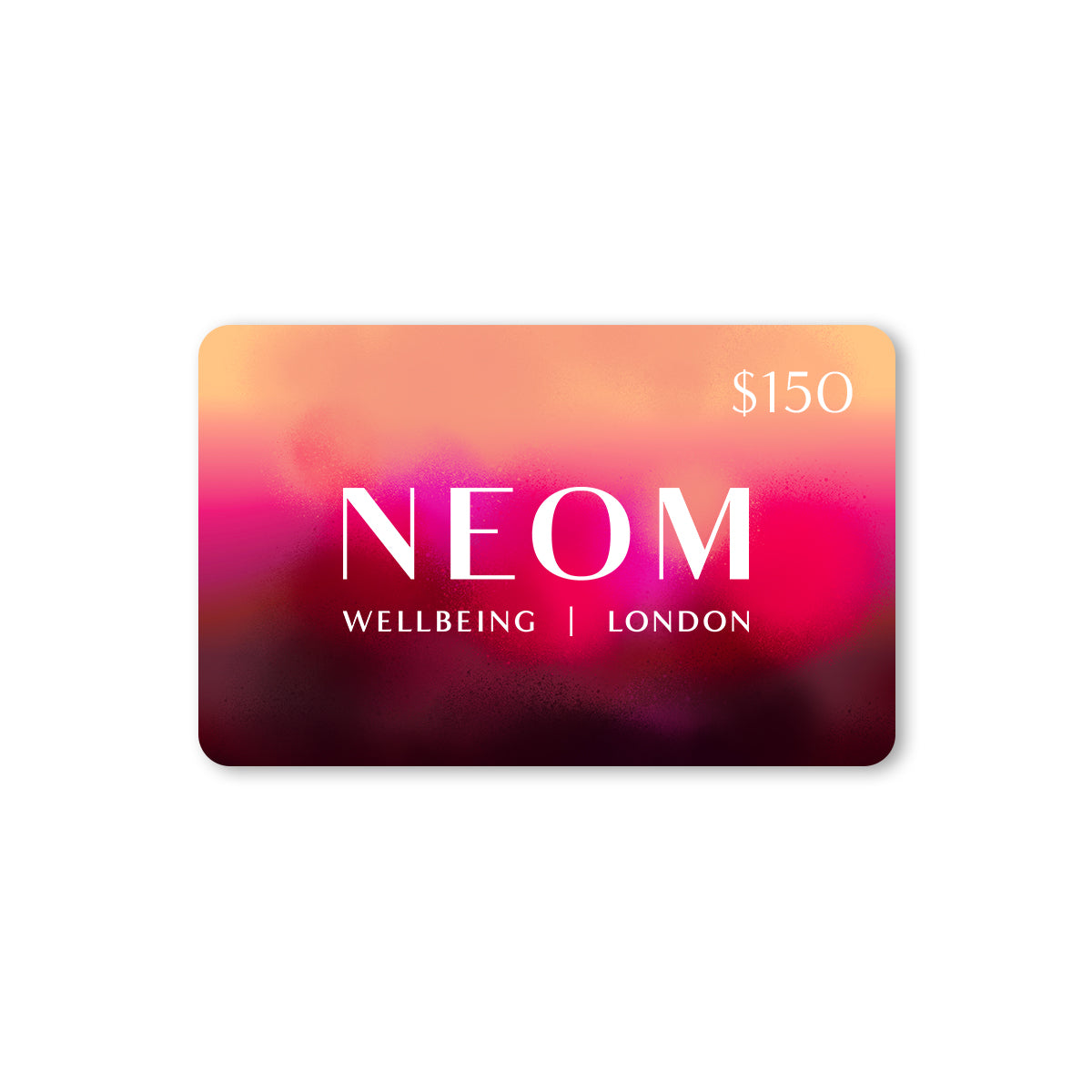 NEOM Wellbeing London gift card with a colorful gradient background