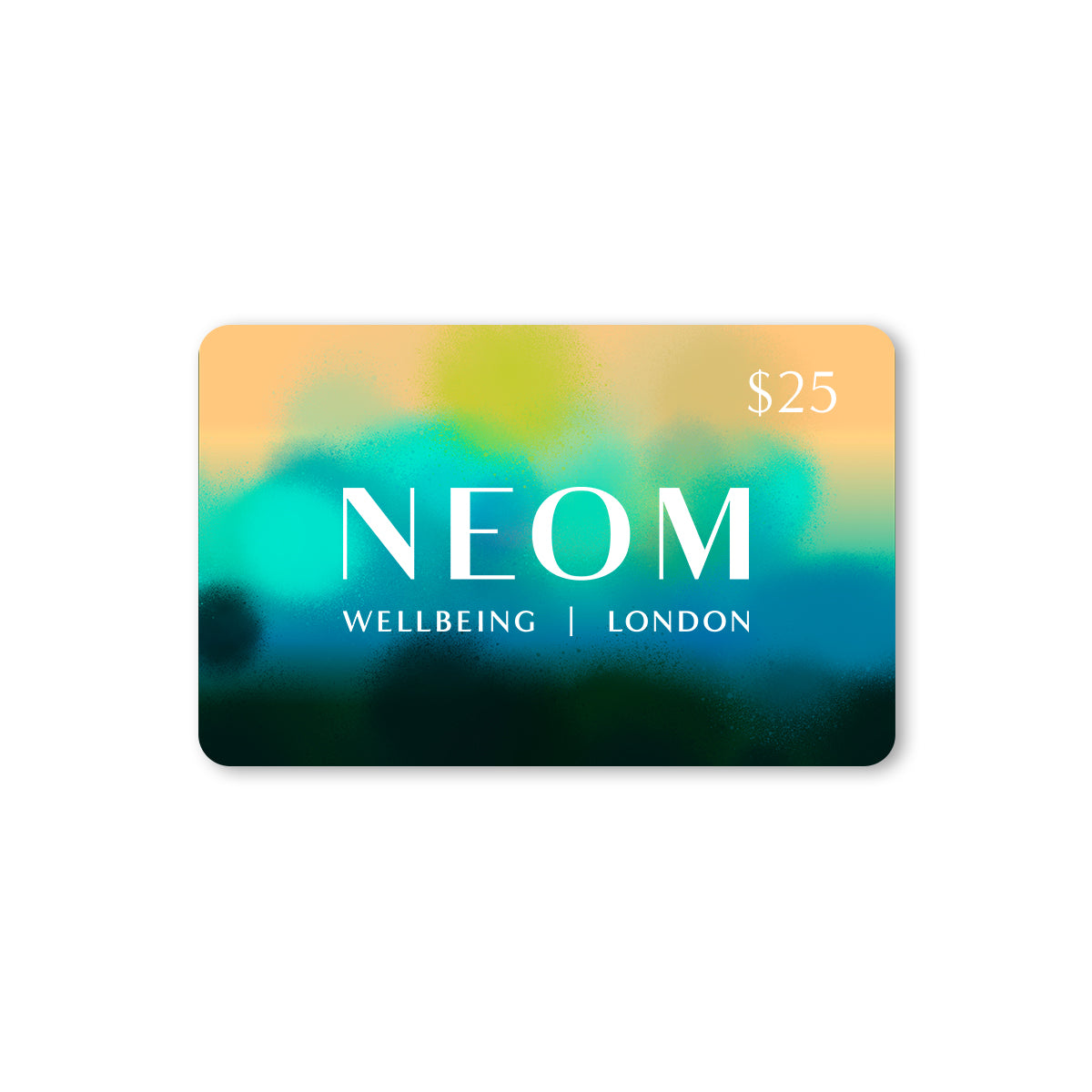 NEOM Wellbeing London gift card with colorful gradient background