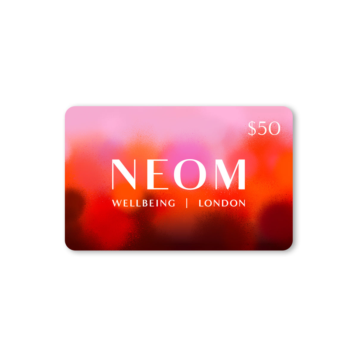 NEOM Wellbeing London gift card with a colorful gradient background