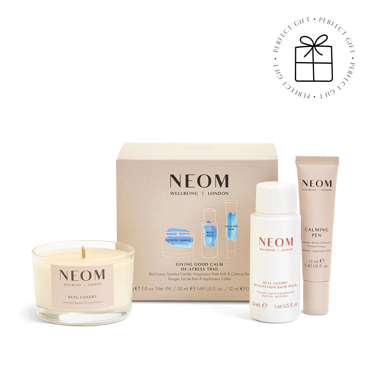 NEOM skincare and candle set on a white background