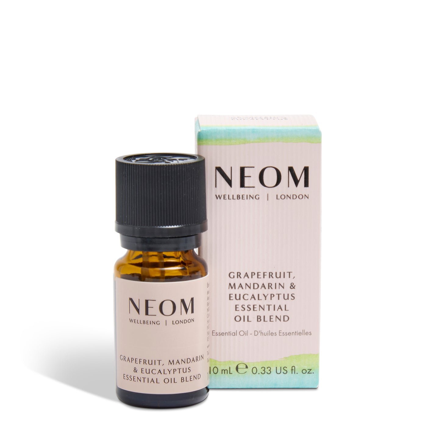 NEOM essential oil bottle and packaging on a white background
