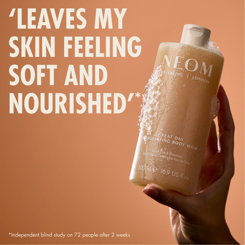 “Hand holding NEOM Great Day Body Wash bottle against a warm background. Large text reads: ‘Leaves my skin feeling soft and nourished.’ Small print: ‘*Independent blind study on 72 people after 2 weeks.’”