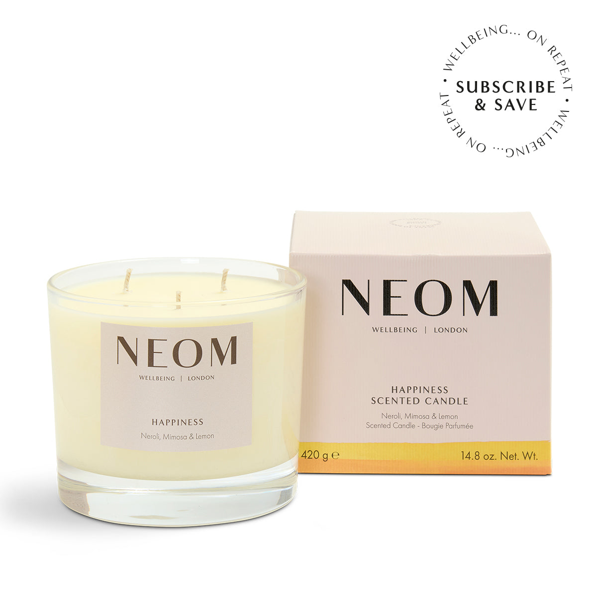 NEOM Happiness 3 Wick candle on a white background with a 'subscribe and save' roundel