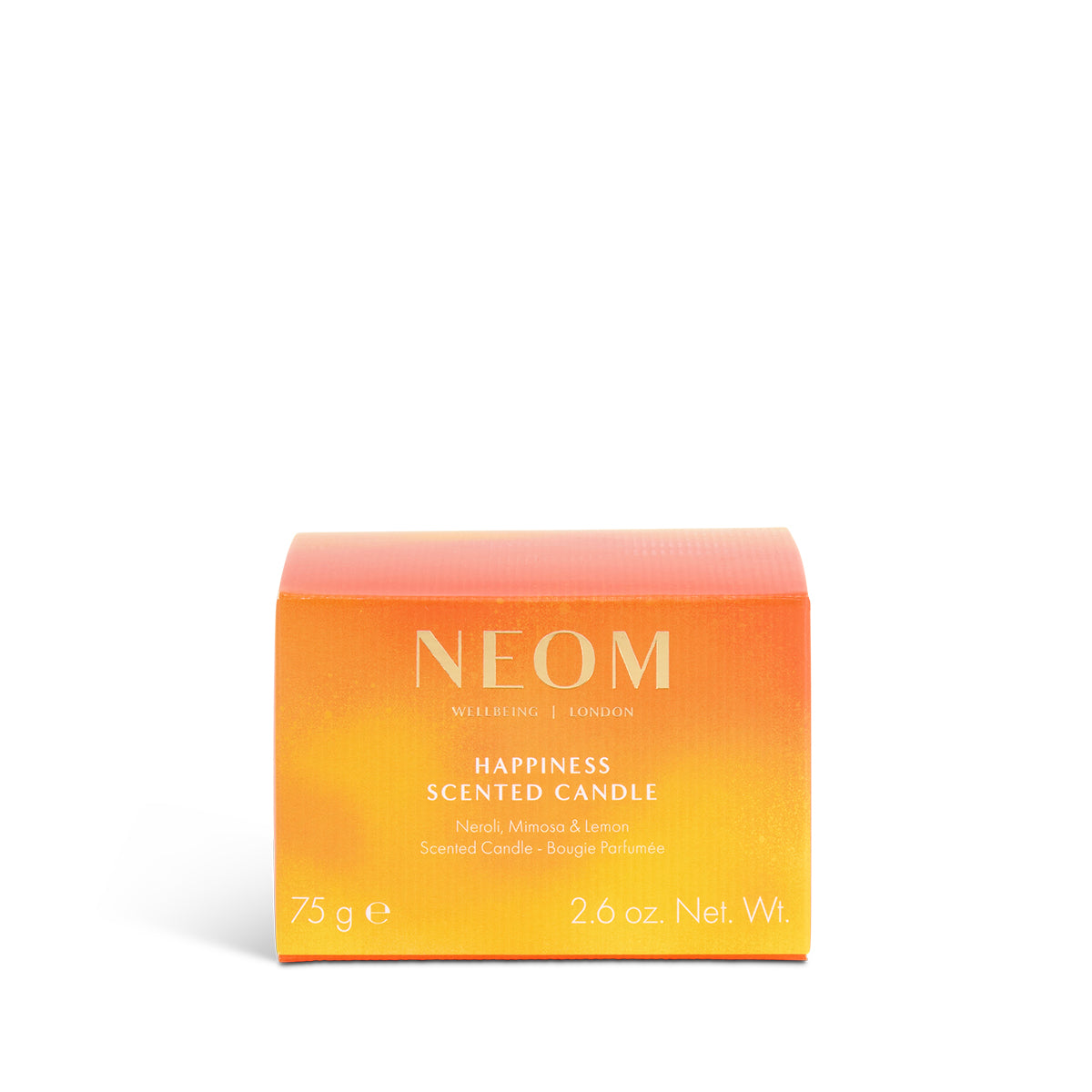 NEOM Happiness scented candle packaging on a white background