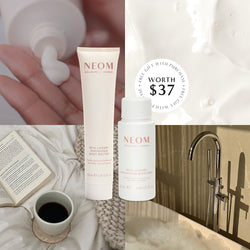 Collage of NEOM skincare products with a free gift offer, a cup of coffee, and a bathtub.
