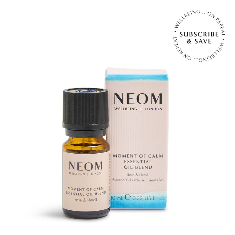 NEOM  Moment of Calm essential oil blend with packaging on a white background