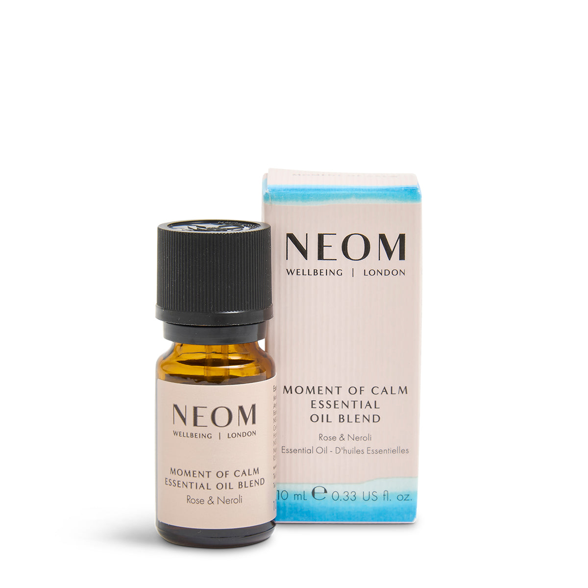 NEOM Moment of Calm essential oil blend with packaging on a white background