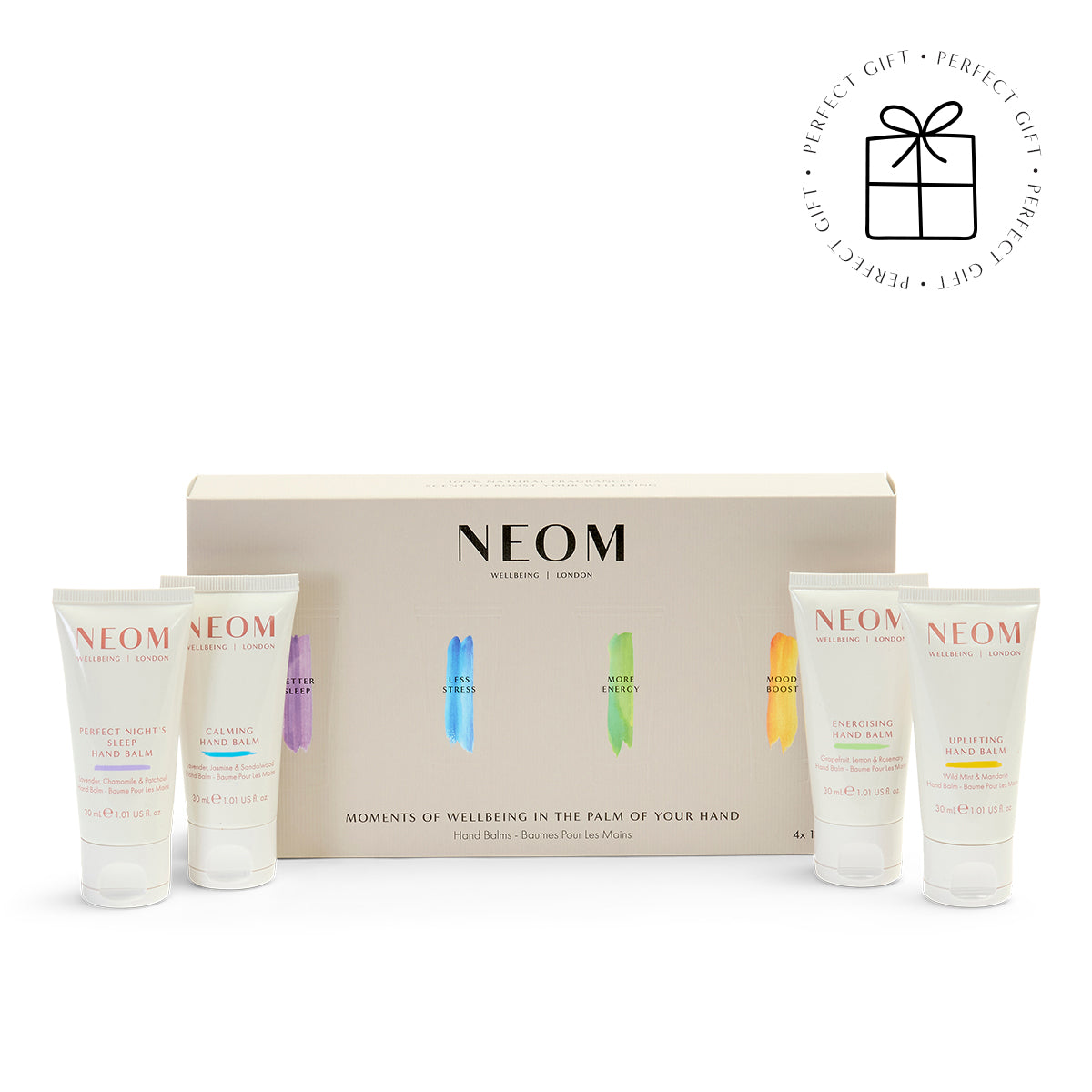 NEOM moments of wellbeing in the palm of your hands on a white background