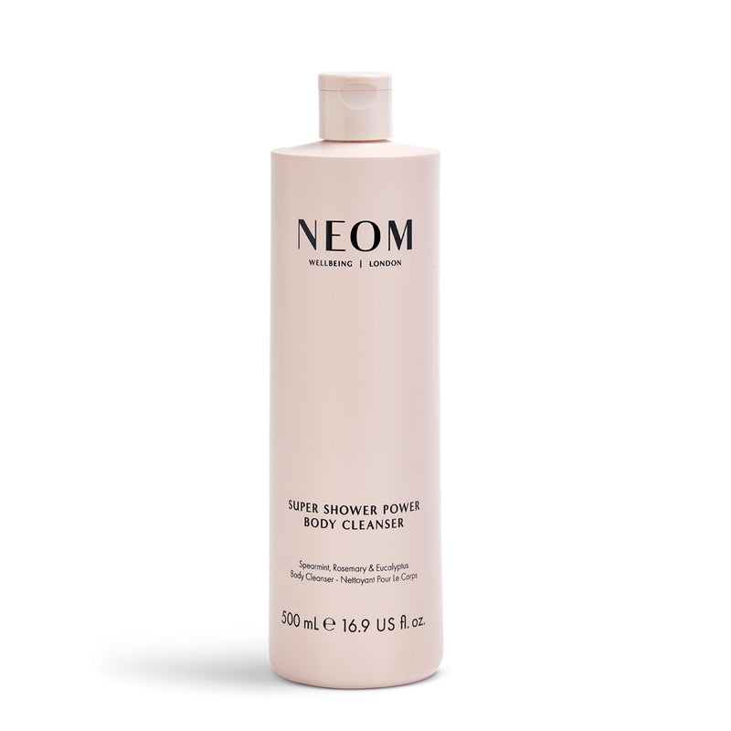 NEOM Super Shower Power Body Cleanser bottle on a white background