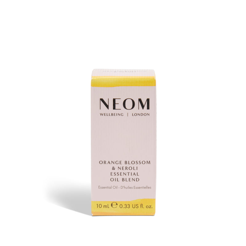 NEOM Orange Blossom & Neroli essential oil blend packaging on a white background