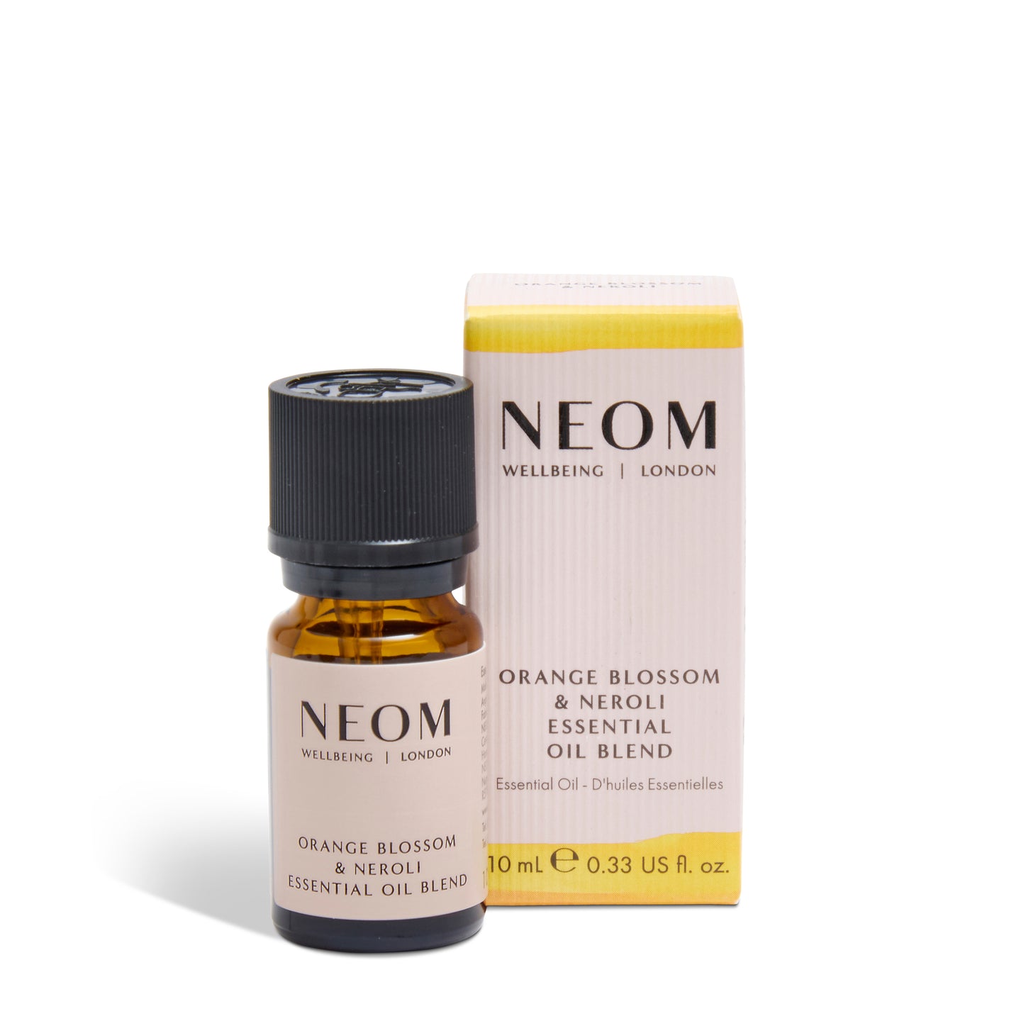 NEOM Orange Blossom & Neroli essential oil blend with packaging on a white background