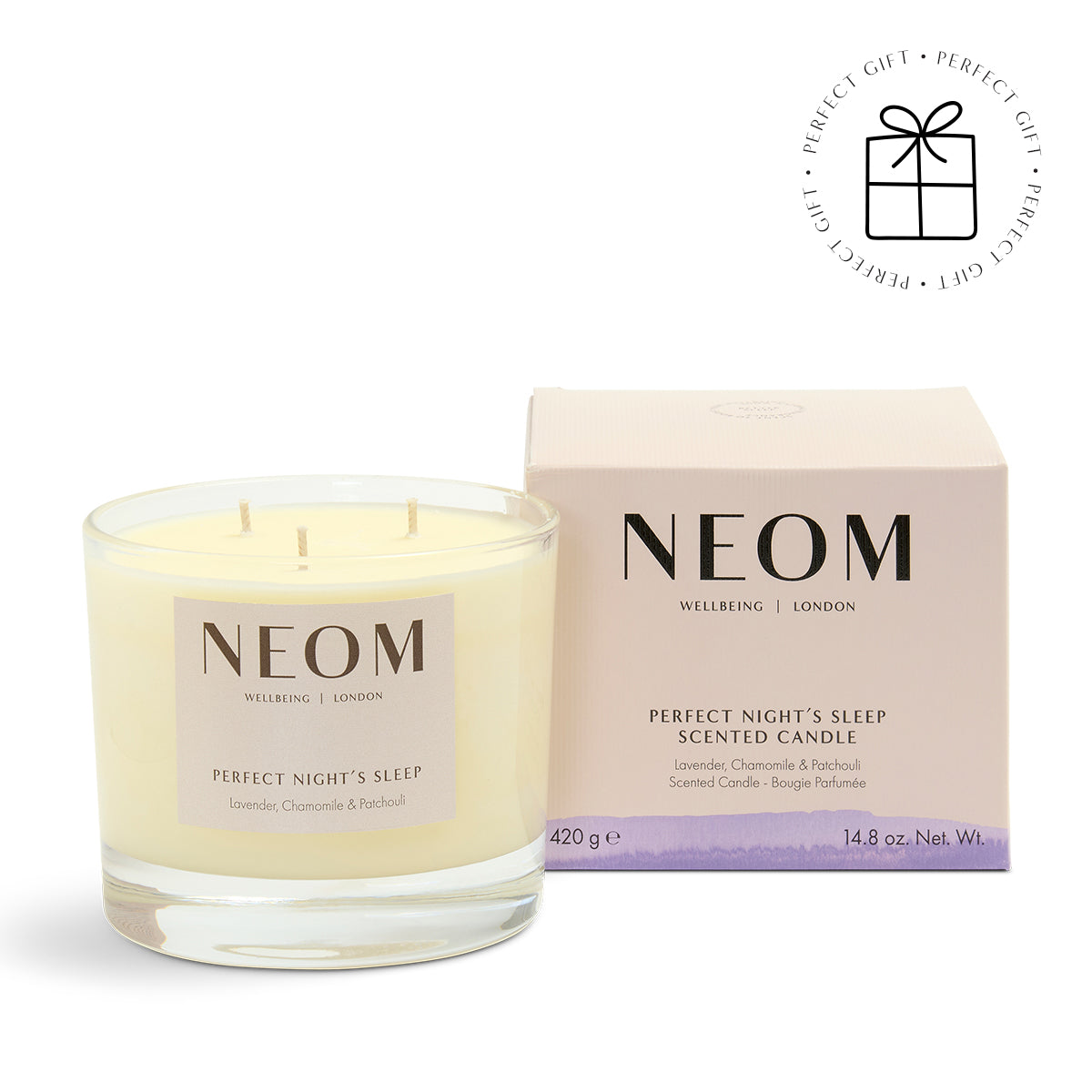 NEOM scented candle and packaging on a white background