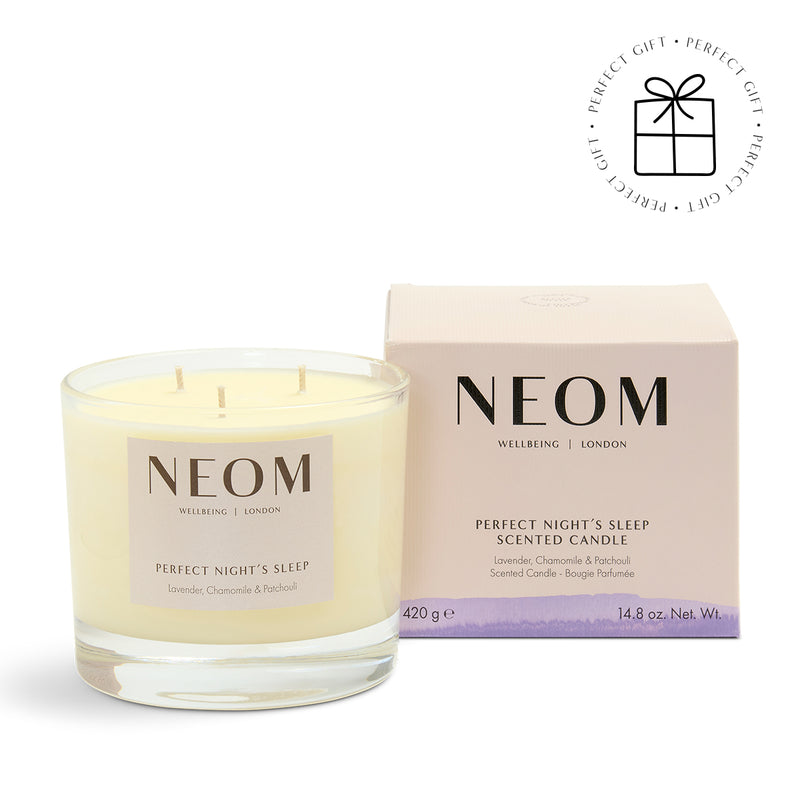 NEOM scented candle and packaging on a white background