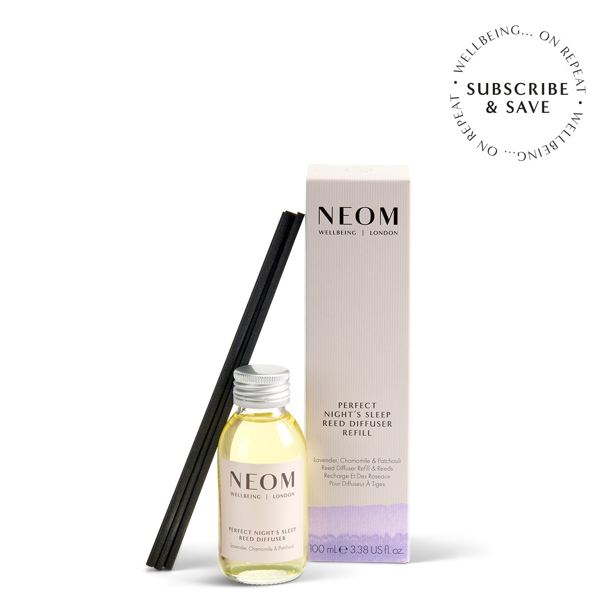 NEOM  Perfect Night's Sleep Reed Diffuser with packaging on a white background