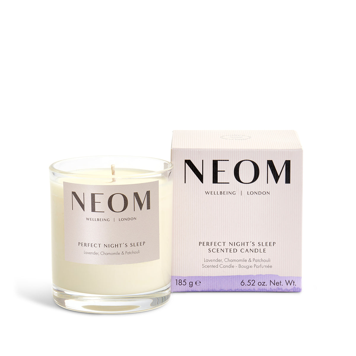 NEOM Perfect Night's Sleep scented candle and packaging on a white background
