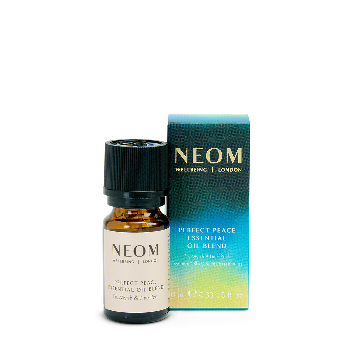 NEOM Perfect Peace Essential Oil Blend with packaging on a white background