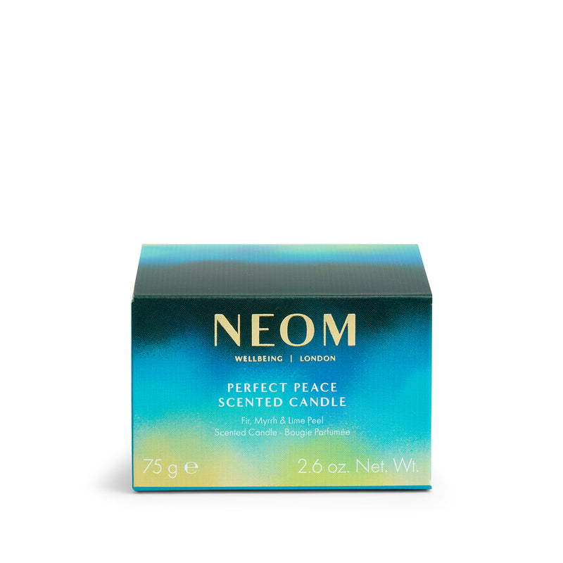 NEOM Perfect Peace scented candle packaging on a white background