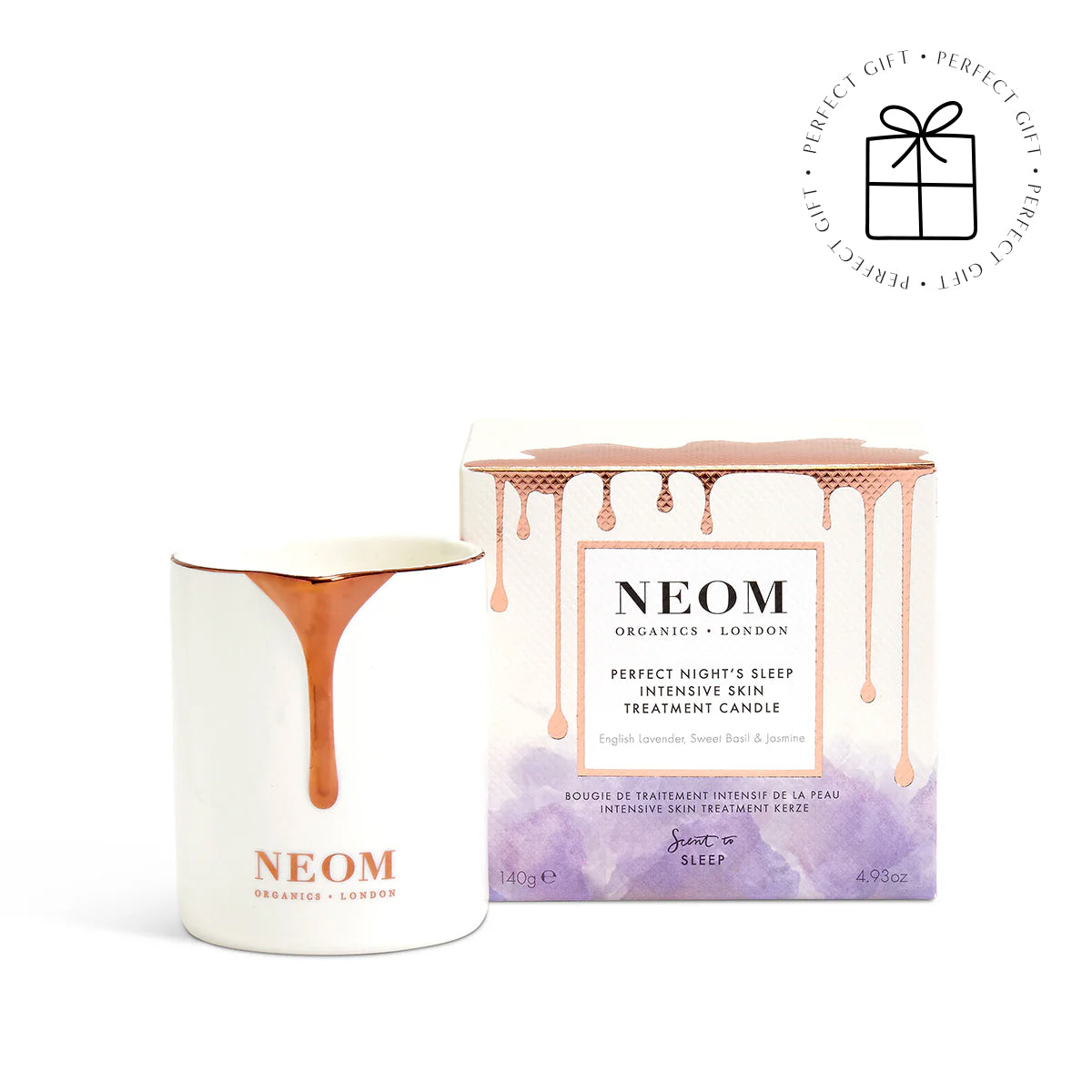 NEOM candle and packaging on a white background