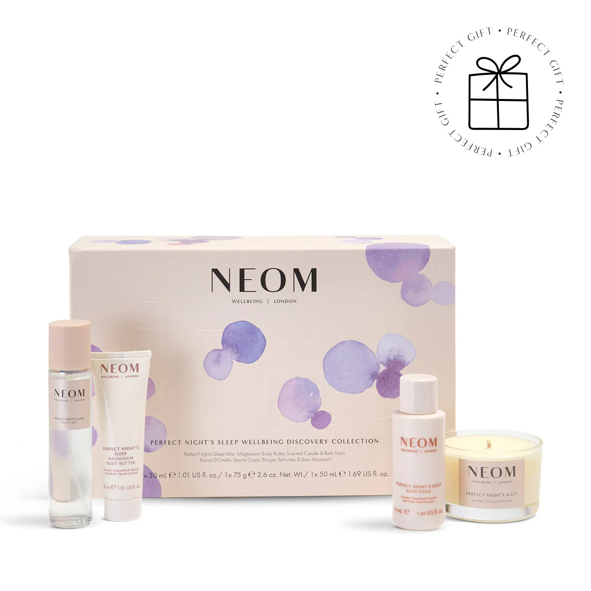 NEOM skincare collection with products and packaging on a white background