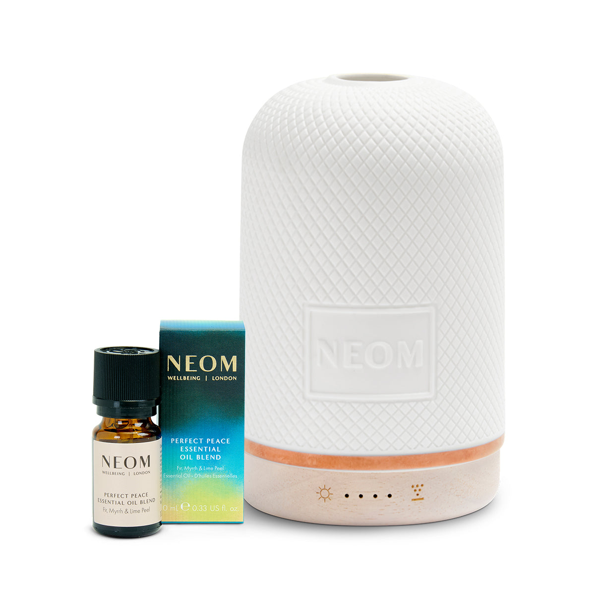 White diffuser with NEOM products on a white background