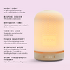 Neom diffuser with features listed on a light purple background