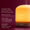 'DIFFUSION TIMER Up to 12 hours of continual fragrance or select 1,2,3 or 4 hours via touch sensitive buttons. BESPOKE DESIGN warm white gravure ceramic cover. NIGHT LIGHT A light for guided breathing as a dimmable night light via touch sensitive buttons. LARGE SPACE DIFFUSION Designed to scent double the space in minutes'
