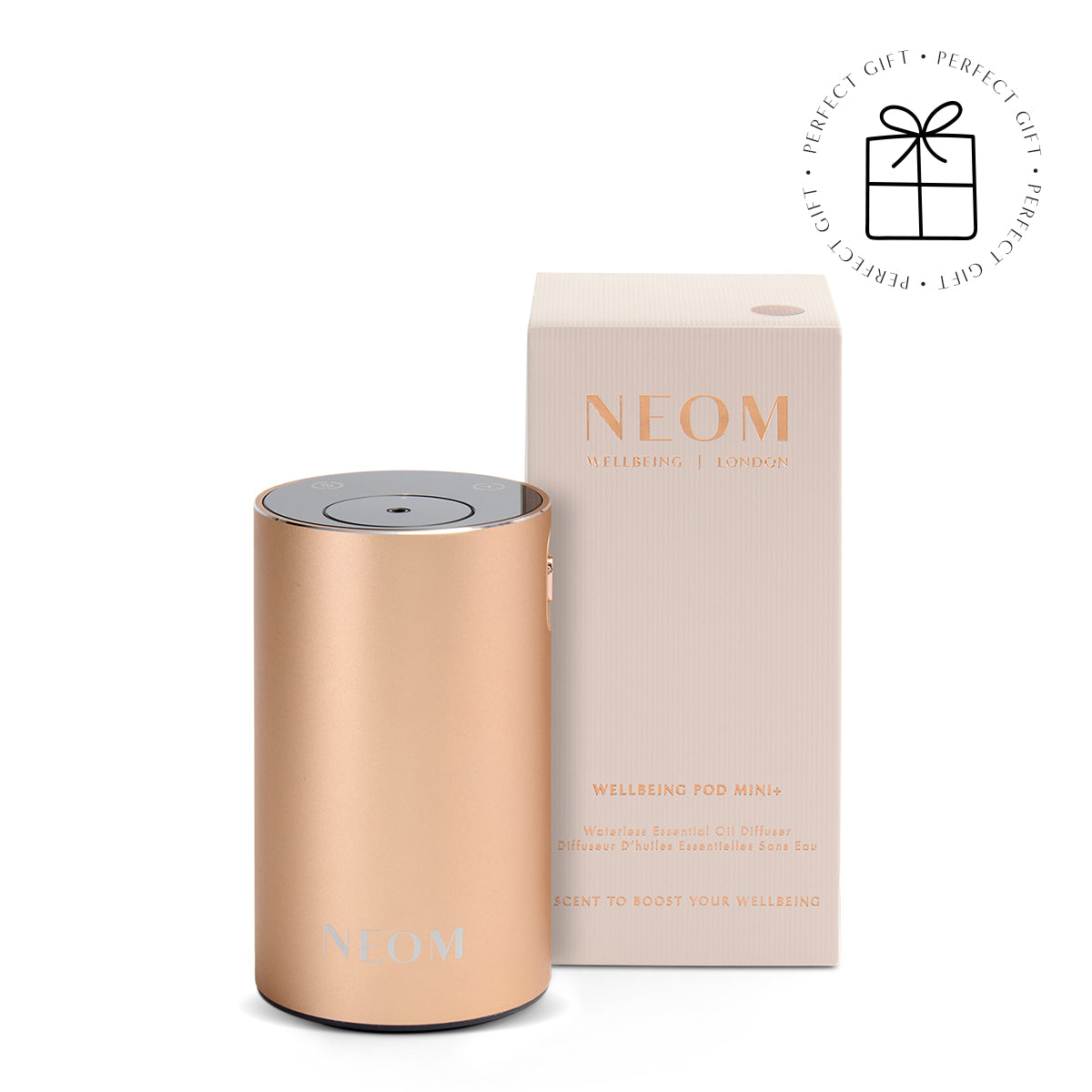 NEOM rose gold pod mini+ with packaging on a white background