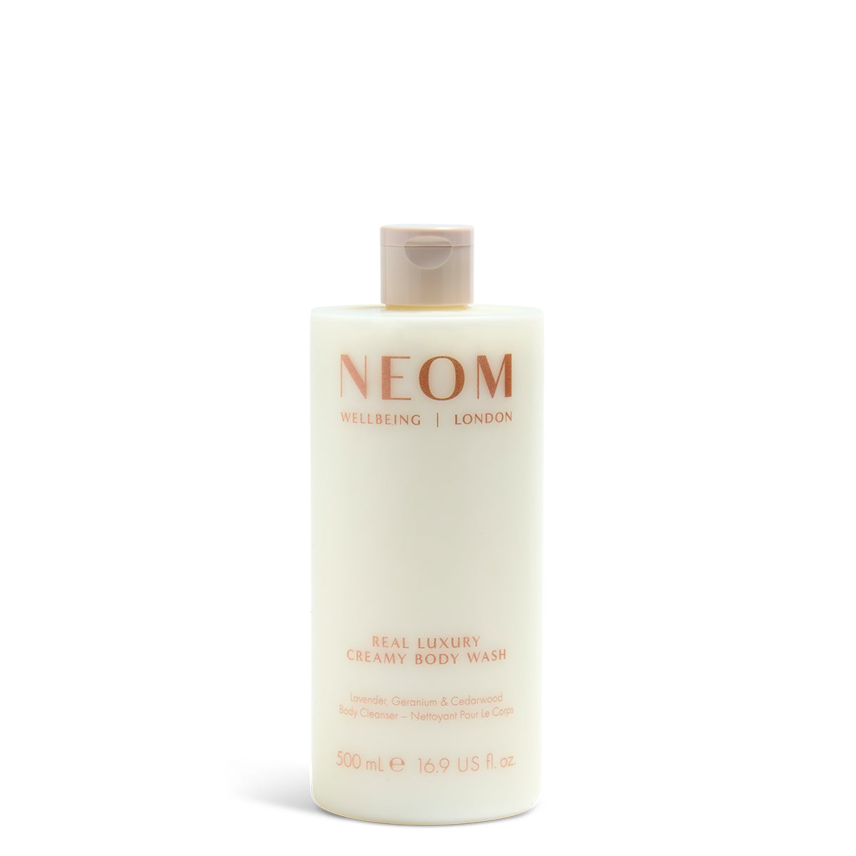 NEOM real luxury body wash 500ml on a white  background