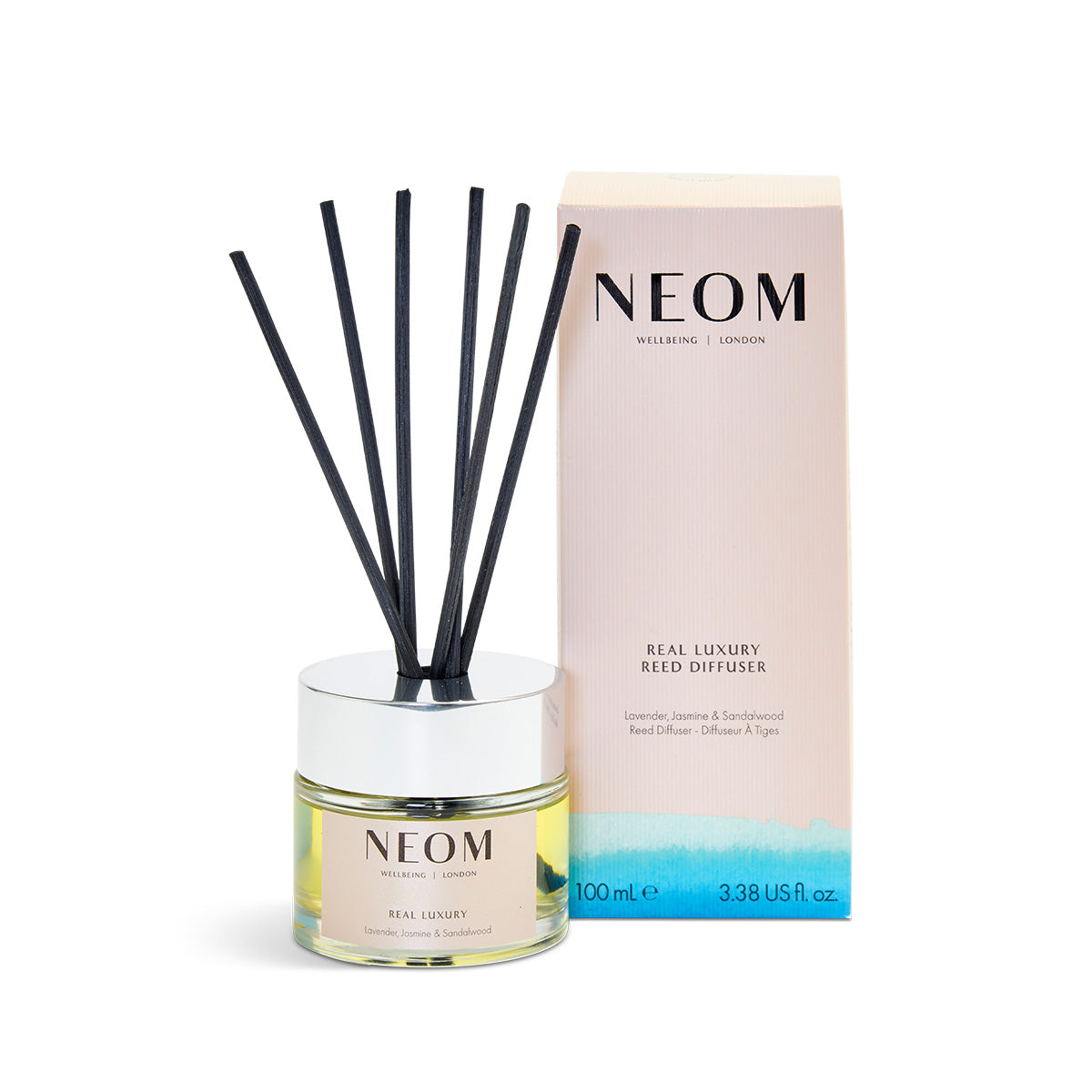 NEOM real luxury reed diffuser with packaging on a white background