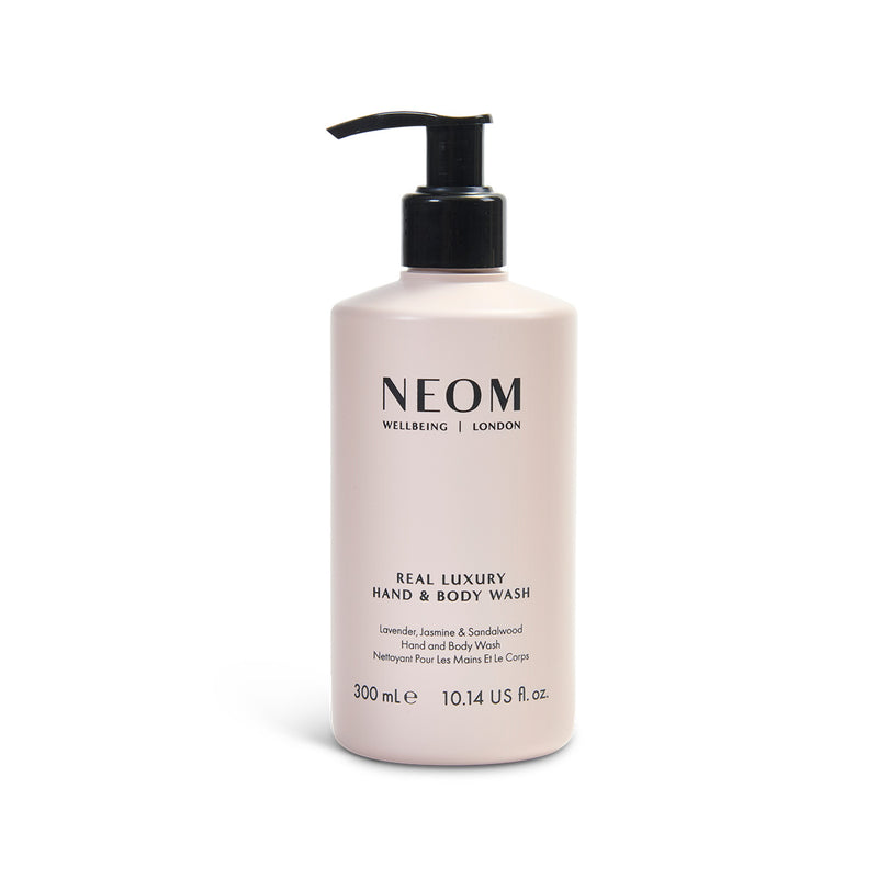 NEOM hand and body wash bottle on a white background