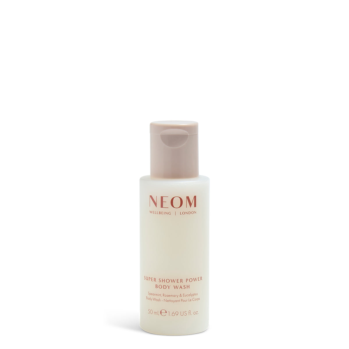 NEOM super shower power body wash 50ml on a white  background