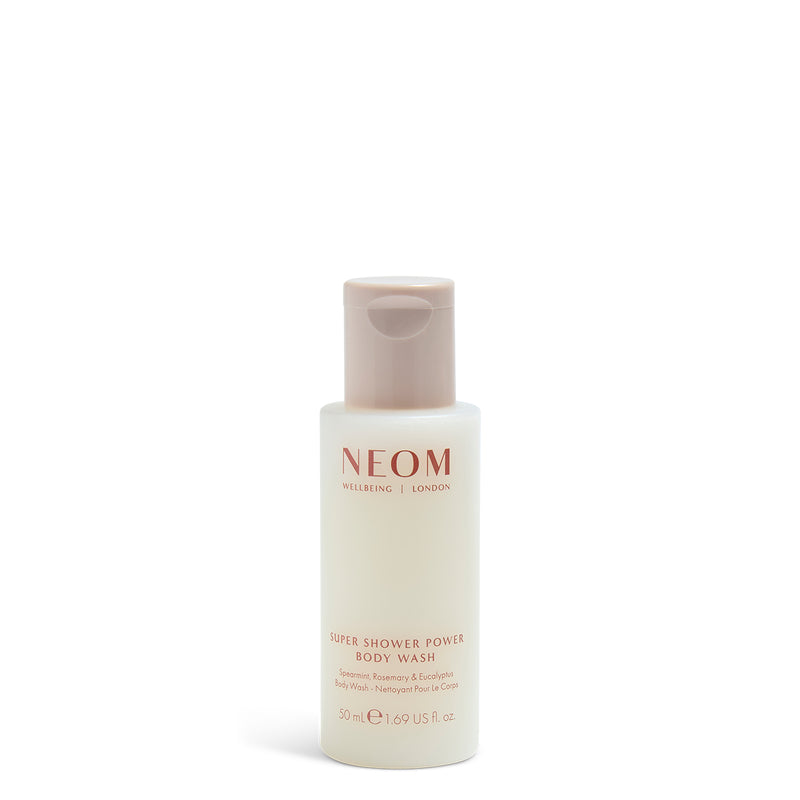 NEOM super shower power body wash 50ml on a white  background