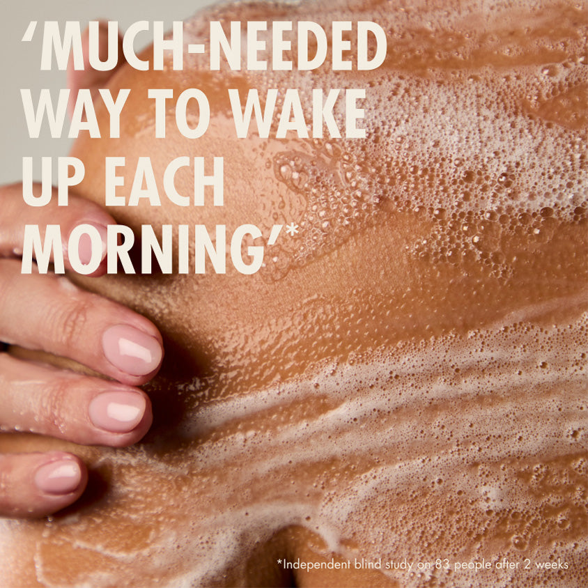 “Close-up of a person’s shoulder covered in soapy lather with a hand resting on the skin. Large text reads: ‘Makes my skin tingle but I feel so clean after using it.’ Small print: ‘*Based on customer reviews on www.neomwellbeing.com.’