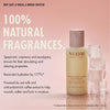 “NEOM Super Shower Power Body Wash (50 ml) on a soft pink background with ice cubes. Text reads: ‘Not just a wash, a mood switch! 100% natural fragrances.’ Additional text: ‘Spearmint, rosemary and eucalyptus, known for their stimulating and clearing properties. Boost skin hydration by 177%*. Powered by oat milk and antioxidant-rich coffee extract to help nourish, soften and lock in moisture.’ Small print: ‘*Independent clinical trial of 16 people after 1 hour.’”