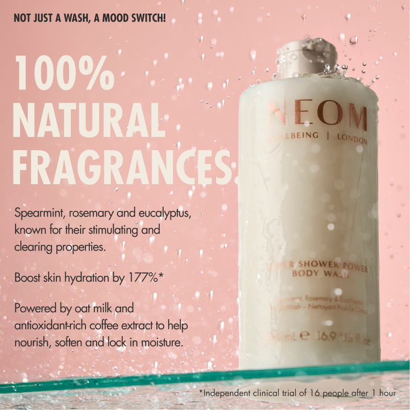 NEOM Super Shower Power Body Wash (500 ml) on a pink background with water droplets. Text reads: ‘Not just a wash, a mood switch! 100% natural fragrances.’ Additional text: ‘Spearmint, rosemary and eucalyptus, known for their stimulating and clearing properties. Boost skin hydration by 177%*. Powered by oat milk and antioxidant-rich coffee extract to help nourish, soften and lock in moisture.’ Small print: ‘*Independent clinical trial of 16 people after 1 hour.’”