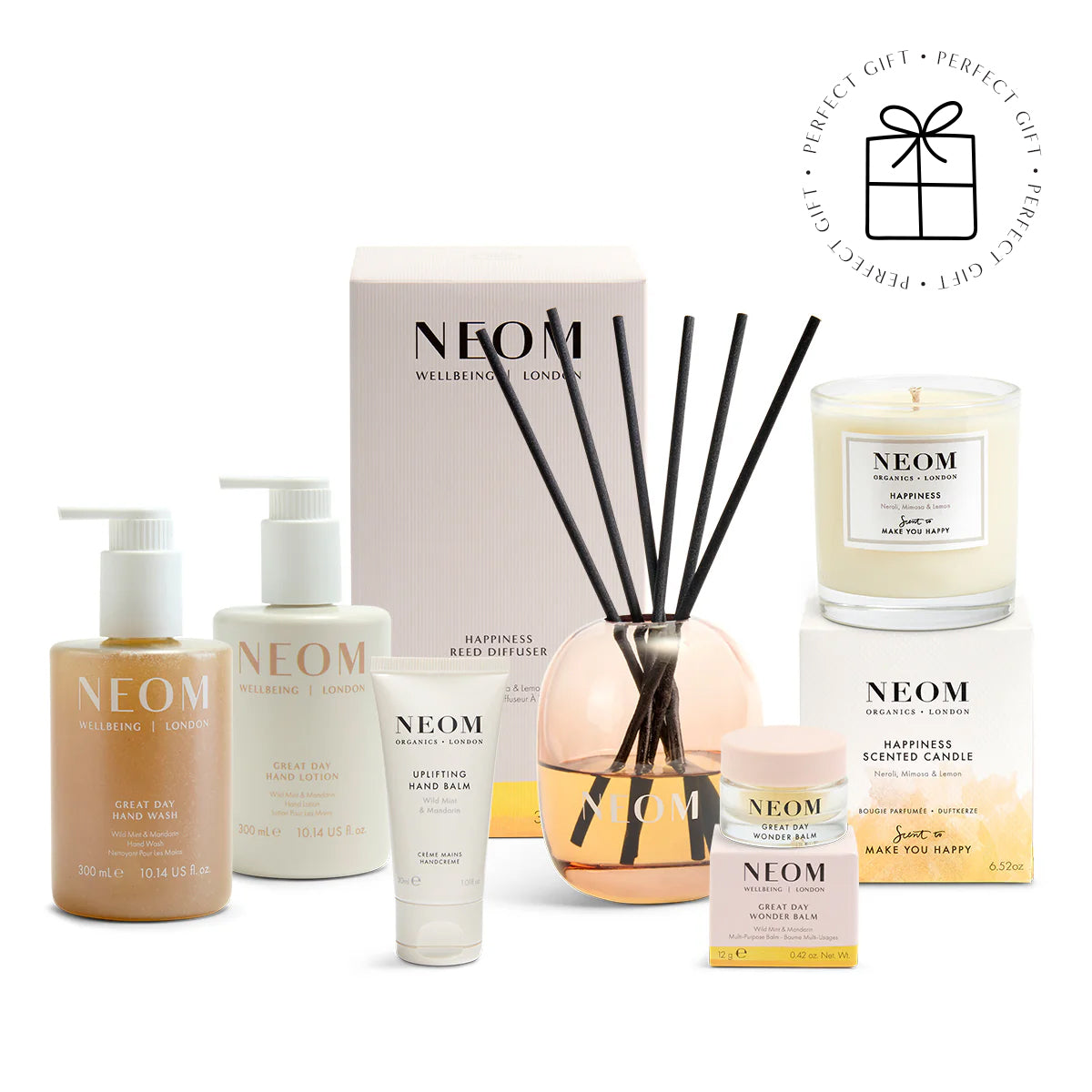 NEOM skincare and fragrance products on a white background