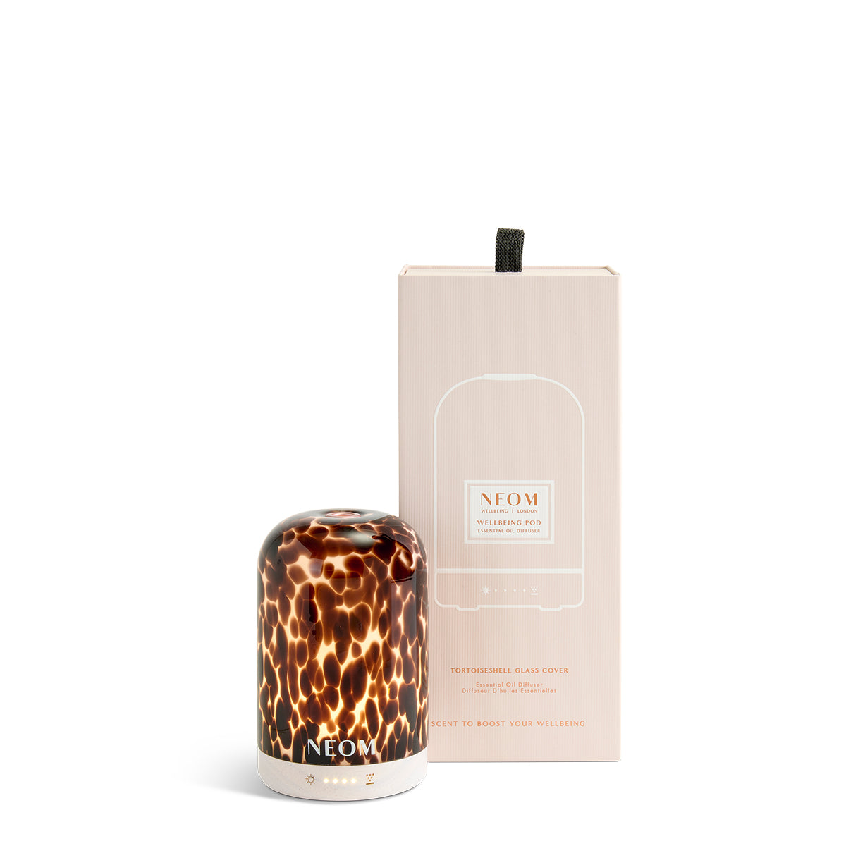 NEOM Tortoiseshell Diffuser with packaging on a white background